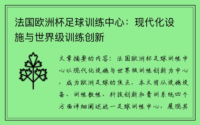 法国欧洲杯足球训练中心：现代化设施与世界级训练创新